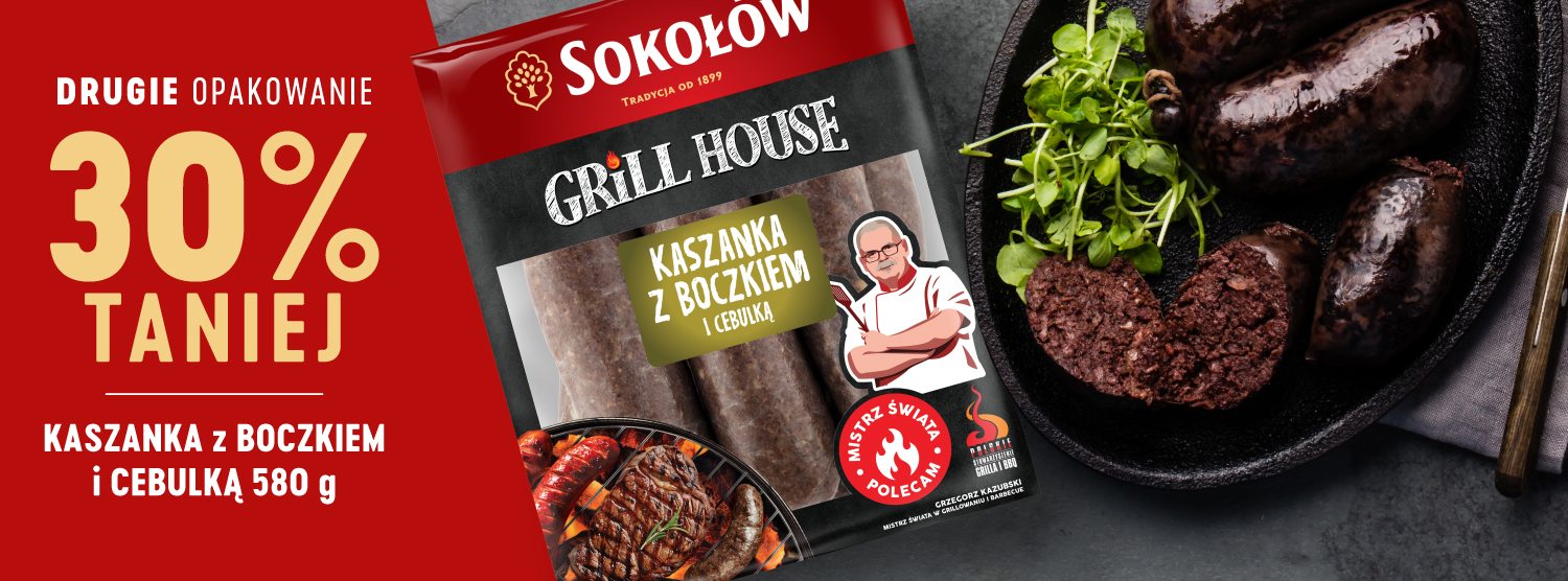 Sokołów Kaszanka Grillowa z boczkiem 600 g - drugie opakowanie 30% taniej przy zakupie 2